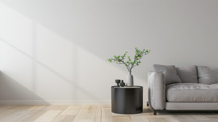 Minimalist interiors with minimal furniture in neutral colors with natural lighting and copy space. Extreme minimalist residential realty conceptual image.