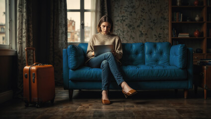 Obraz premium Businesswoman working on laptop sitting on sofa in hotel room