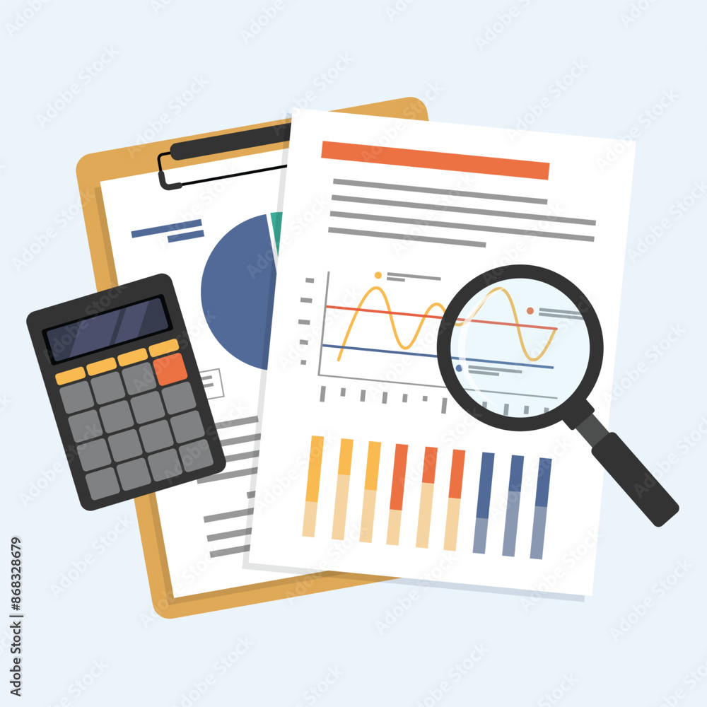 Aufkleber business document data analysis with magnifying glass and calculator, document on paper holder and c