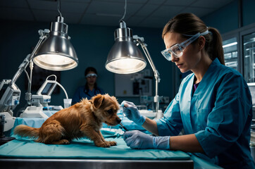 Veterinarian examining dog in veterinary hospital operating room
