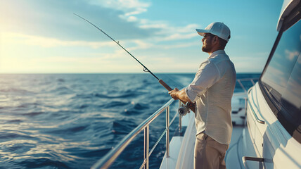 Naklejka premium Man fishing on a boat at sunset. Enjoying a serene, solo adventure on the calm ocean waters.