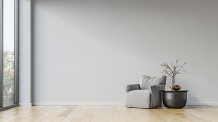 Minimalist interiors with minimal furniture in neutral colors with natural lighting and copy space. Extreme minimalist residential realty conceptual image.
