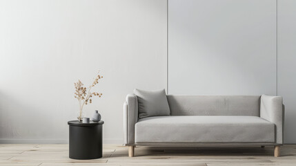 Minimalist interiors with minimal furniture in neutral colors with natural lighting and copy space. Extreme minimalist residential realty conceptual image.
