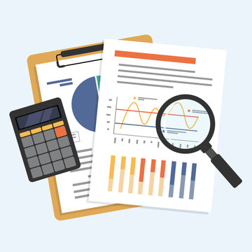 recommend clip art: Business document data analysis with magnifying glass and calculator, Document on paper holder and clipboard, Auditing financial documents, flat vector illustration.
