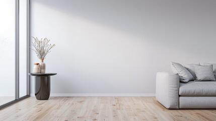 Minimalist interiors with minimal furniture in neutral colors with natural lighting and copy space. Extreme minimalist residential realty conceptual image.