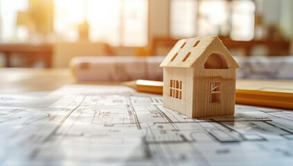 Miniature Wooden House on Architectural Blueprints
