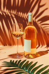 Elegant Wine Bottle and Glass with Warm Shadow Play