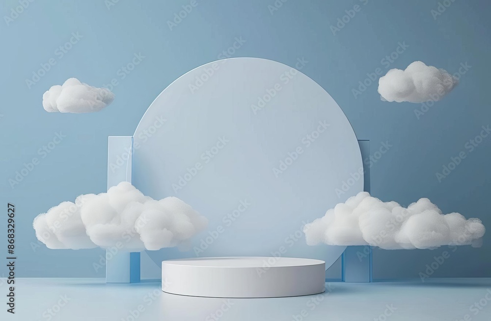 Poster minimalist blue background with clouds and circular platform