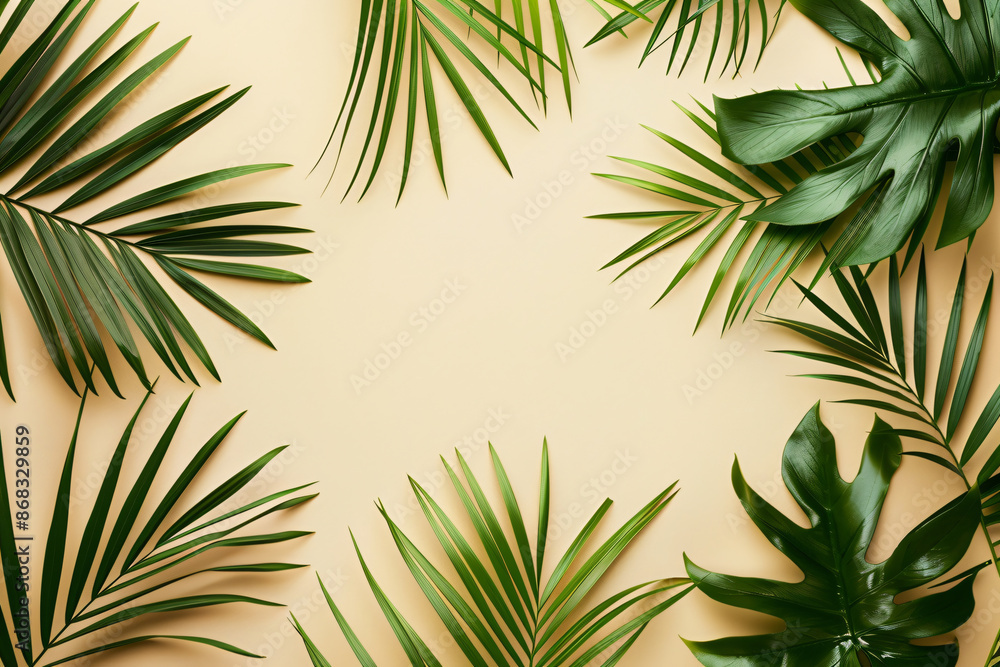 Poster minimalistic palm leaves on a beige background with copy space for text or design, in a top view. a 