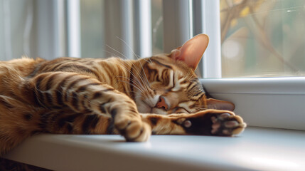 Bengal cat resting on the windowsill. Red cat indoors, 32k, full ultra hd, high resolution --ar 16:9