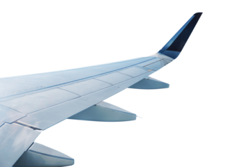Aviation and travel airplane wing on transparent background
 . Commercial plane flying. The concept of rapid travel and transportation
