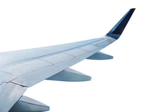 Aviation and travel airplane wing on transparent background
 . Commercial plane flying. The concept of rapid travel and transportation
