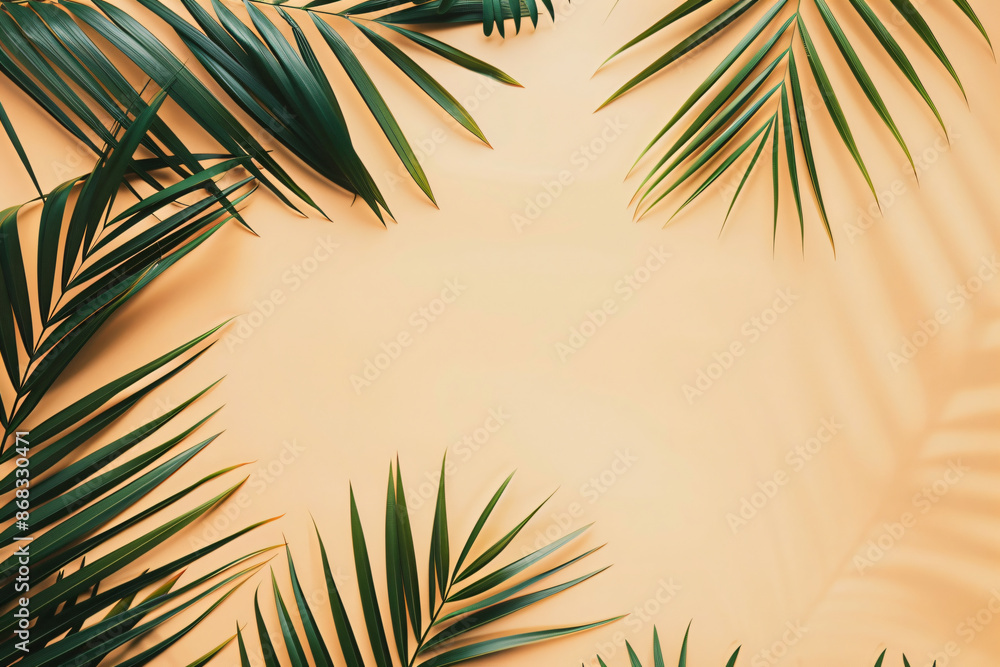 Poster minimalistic palm leaves on a beige background with copy space for text or design, in a top view. a 