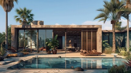 Fototapeta premium desert villa with reflective Bahama shutters, designed to deflect heat and harness coolness