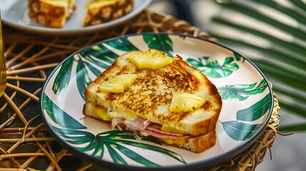 a pineapple and ham toasted sandwich on a leaf-patterned plate