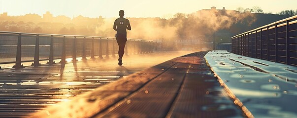 Morning Jogger on City Boardwalk with Golden Sunrise