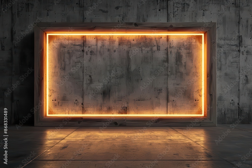 Poster a hightech setting where an empty wooden banner with glowing edges awaits content with copy space