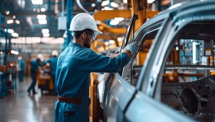 Industrial Worker Assembling a Car in Factory, Blue Overalls