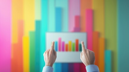 A professional presenter using a digital tablet to showcase charts and graphs during a marketing strategy meeting, with a large blank screen behind for customizable content.