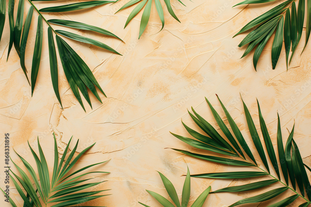 Poster minimalistic palm leaves on a beige background with copy space for text or design, in a top view. a 