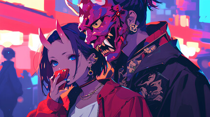 boys and girls wearing cool Japanese oni masks