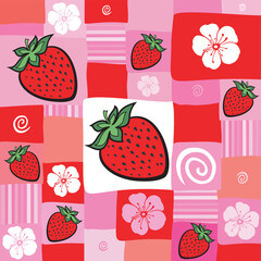 strawberry seamless background. Summer fruit Vector illustration. Healthy food. Top view, flat layout. Good for textile fabric design, wrapping paper, website wallpapers