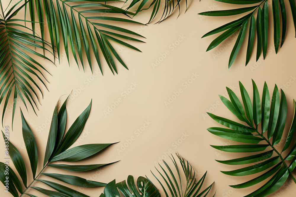 Poster minimalistic palm leaves on a beige background with copy space for text or design, in a top view. a 