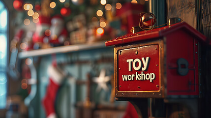 Santa toy workshop sign mailbox festive Christmas decor cozy ambiance holiday magic elves north pole nostalgia naughty nice kids behave letter fun advert vintage red aqua handcrafted magical childhood