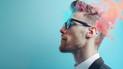 A forward-thinking entrepreneur, visualizing future success with a determined expression, set against a backdrop of innovation and possibility. This image conveys themes of visionary leadership and