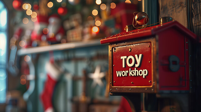 Santa toy workshop sign mailbox festive Christmas decor cozy ambiance holiday magic elves north pole nostalgia naughty nice kids behave letter fun advert vintage red aqua handcrafted magical childhood