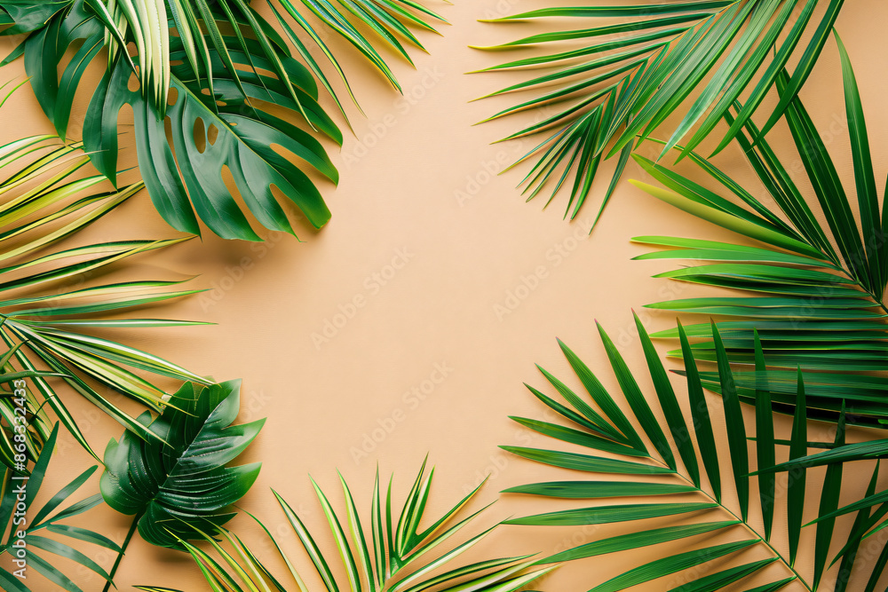 Poster abstract background with palm leaves on a beige background, from a top view. presented in a flat lay