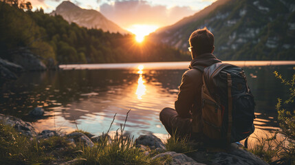 A man by a lake at sunset nature outdoors travel adventure concept