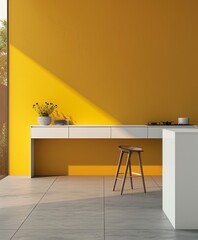 Kitchen with clean lines and a minimalist yellow wall