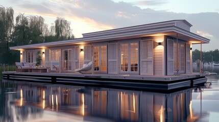 Fototapeta premium floating boathouse with weather-resistant Bahama shutters, combining maritime functionality with cozy living quarters
