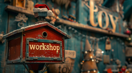 Obraz premium Santa toy workshop sign mailbox festive Christmas decor cozy ambiance holiday magic elves north pole nostalgia naughty nice kids behave letter fun advert vintage red aqua handcrafted magical childhood