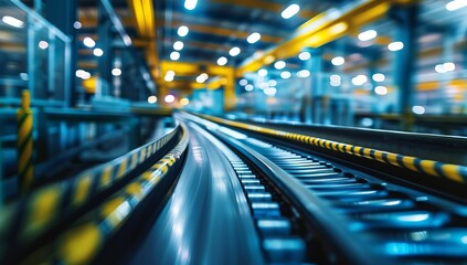 Modern industrial conveyor belt with vibrant lighting