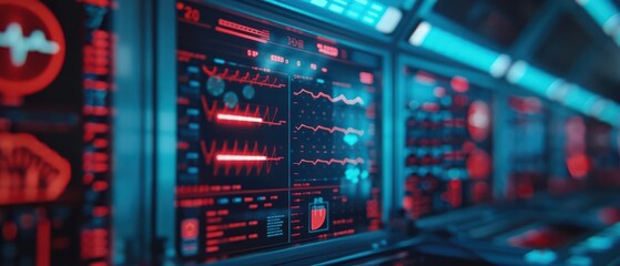 Obraz premium A minimalist cyber medical scene with glowing holographic monitors and sleek digital equipment with copy space