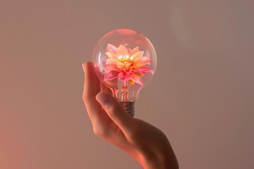 Hand holding flower inside a lightbulb with soft hues