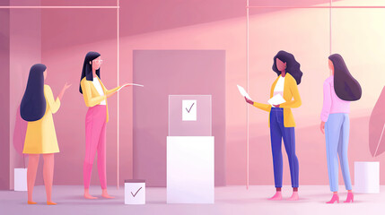 Four women discussing documents near a voting booth with a ballot box in a modern, abstract environment, characterized by a soft pink background..