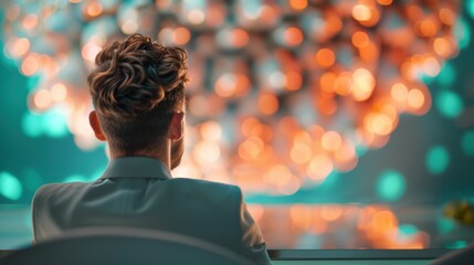 A male entrepreneur presenting a new product prototype to a focus group in a contemporary office boardroom. The photo captures the essence of risk-taking and innovation, with space for custom