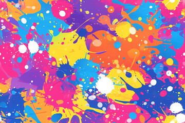 Fototapeta premium A colorful paint splatter pattern with vibrant splashes of pink, yellow, blue, and purple on a white background. The seamless design is energetic and playful, perfect for adding a pop of color.