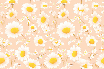 Obraz premium Seamless pattern with white daisies on a peach background. The design is fresh and cheerful, evoking a sense of spring and nature.