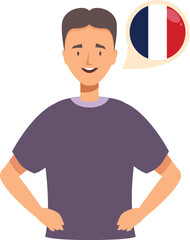 Young man is speaking french, represented by a speech bubble with the french flag