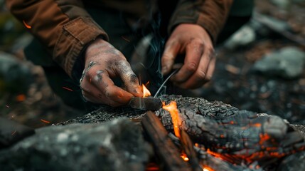 close-up of hands using a flint and steel for fire starting
