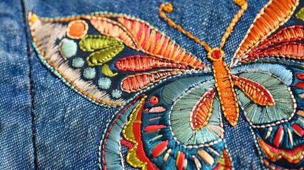 closeup of multicolored butterfly embroidery on denim