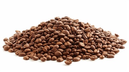 Pile of roasted coffee beans on a white background. Freshly roasted aromatic coffee beans