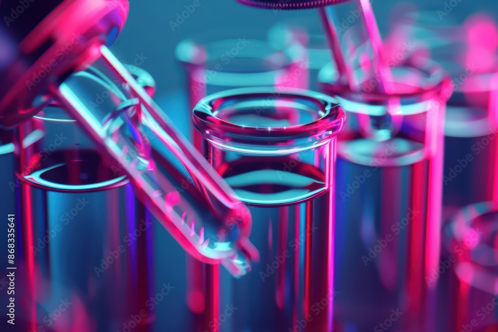 Poster a sleek, modern lab with holographic elements bursting in a vibrant display with copy space