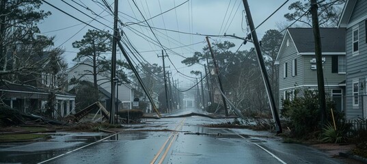 Storm-damaged residential street with fallen power lines - Powered by Adobe