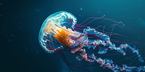 Glowing Jellyfish. Bioluminescent Marine Life in Deep Blue Ocean