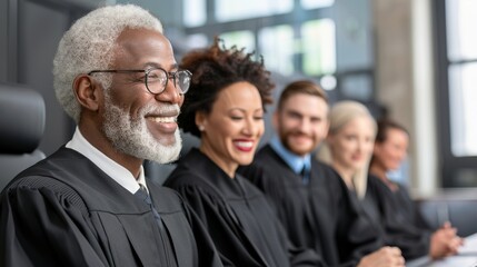 Obraz premium A group of people in court attire, including a judge and a woman wearing glasses